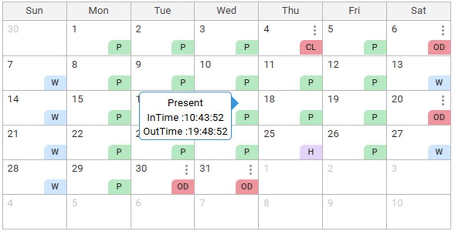 With just a simple hover, the employee can see InTime and OutTime of any given day in the entire month.