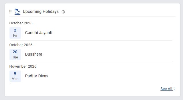 Upcoming holidays panel on an attendance dashboard
